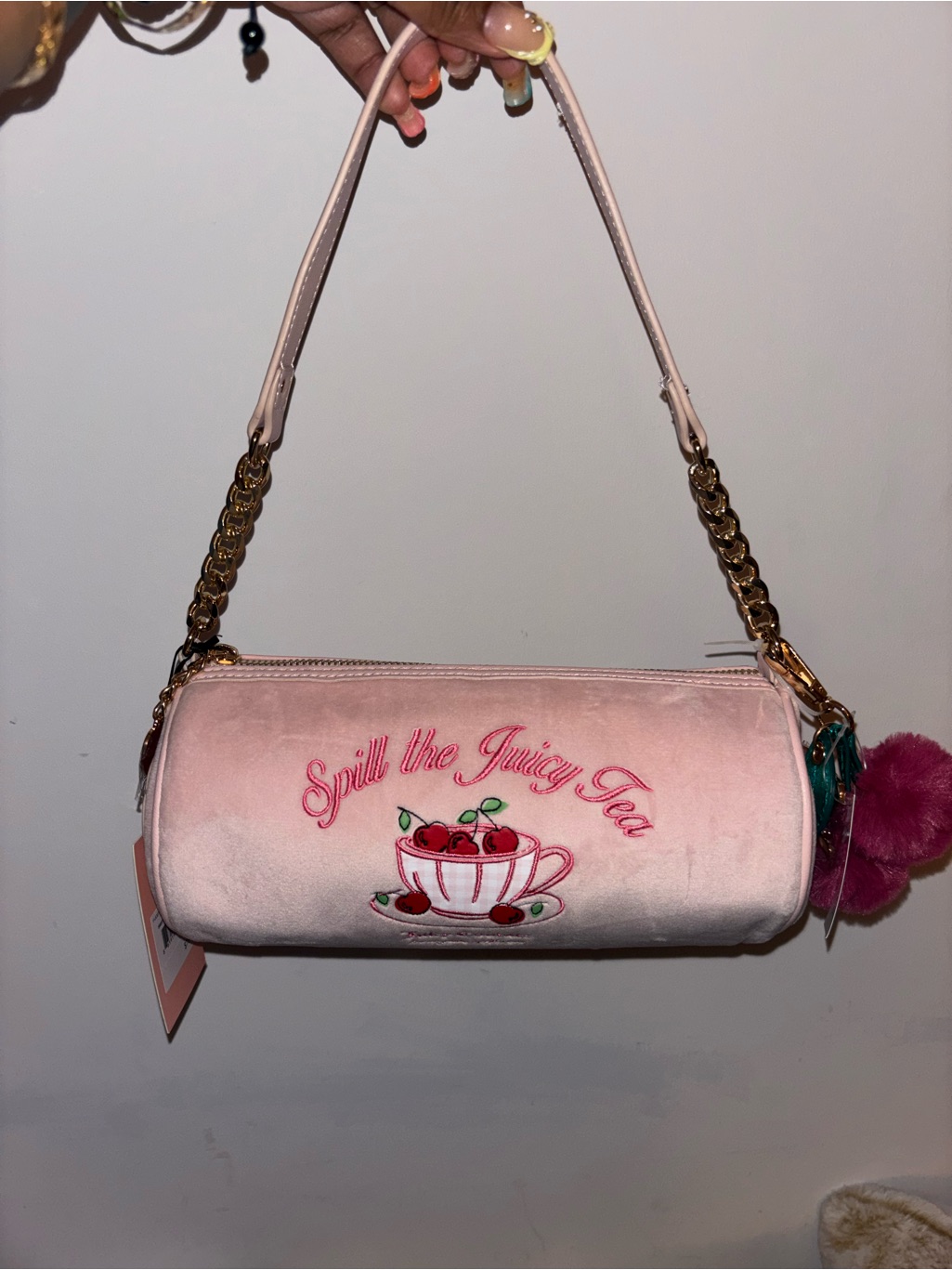 Juicy Couture Pink Velvet 'Spill The Juicy Tea' Barrel Shoulder Bag